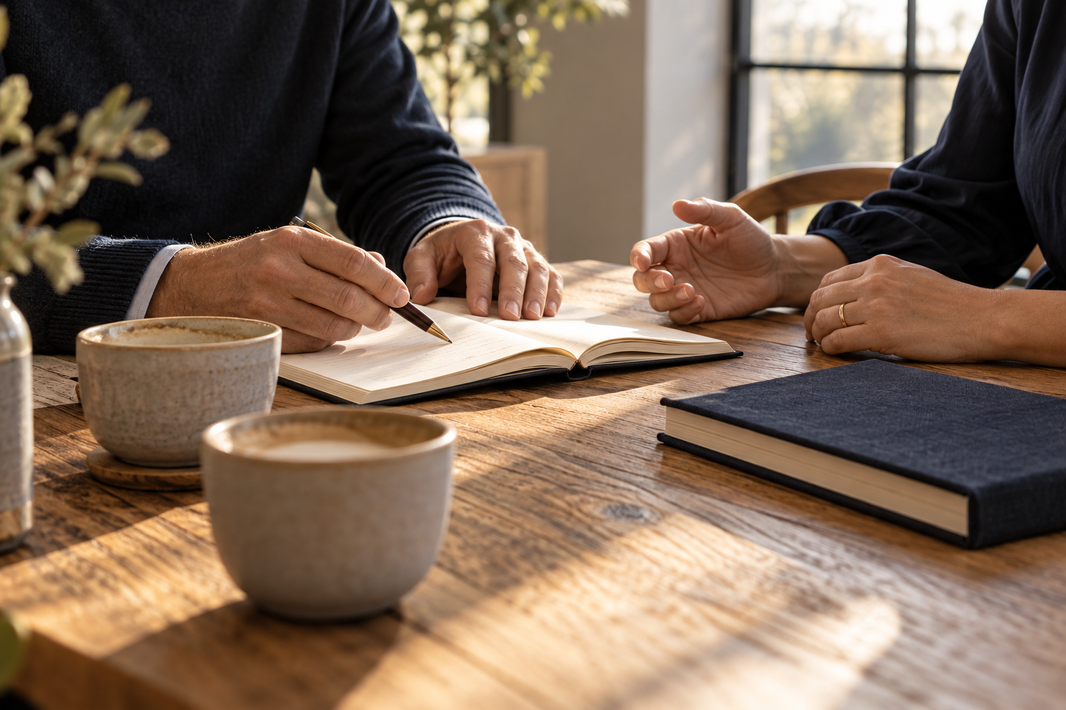 Een rustig gesprek aan tafel met koffie en een open notitieboek